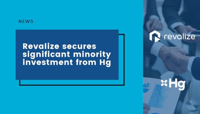 Graphic announcing Revalize, the cloud-software for manufacturers, securing minority investment from Hg, featuring logos and a handshake image on a blue background.