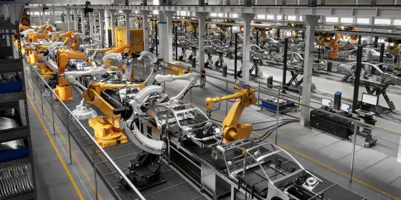 Robotic arms, enhanced by CPQ guided selling systems, efficiently assemble vehicles on a production line in a modern industrial facility.