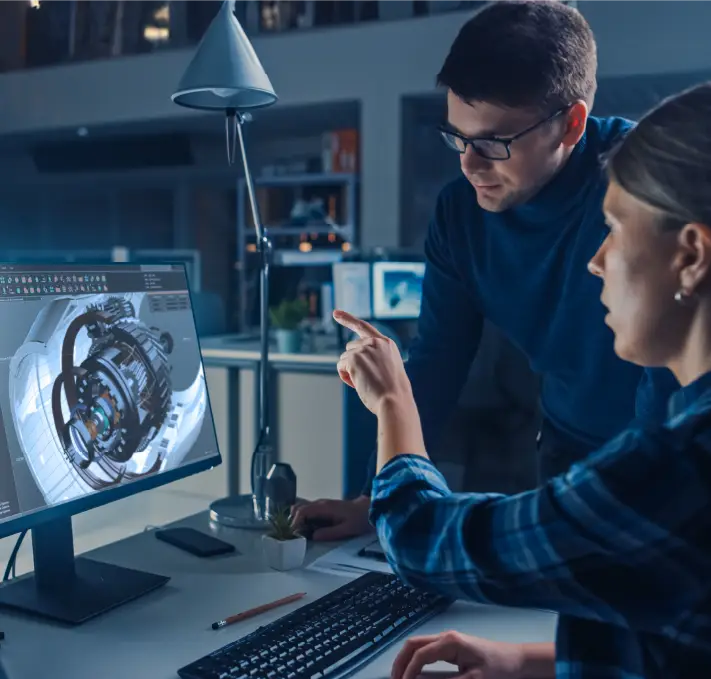 Two people working at a computer, viewing a 3D model of a mechanical part on the screen. One is seated, pointing at the display, while the other stands nearby, observing.