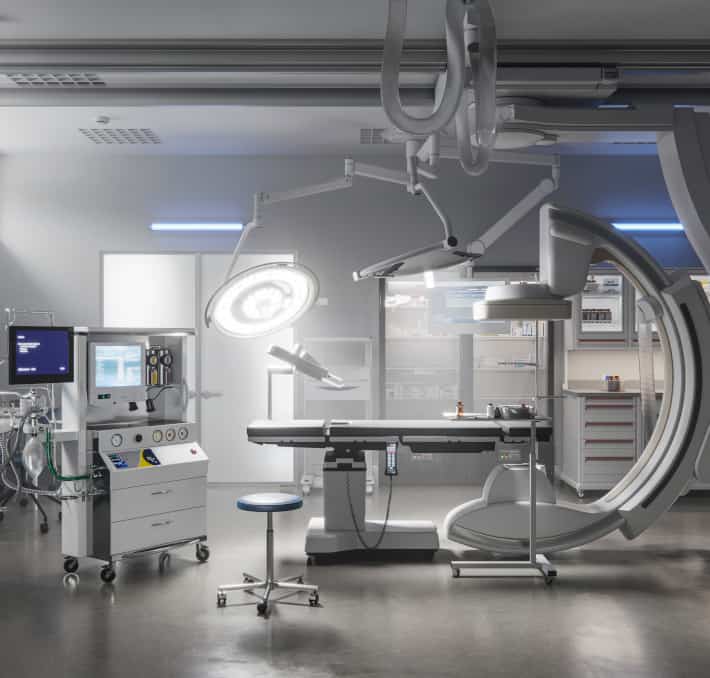 In a clean, organized setting, the modern operating room features a surgical table and advanced medical equipment, much like how you can replace Excel spreadsheets with a product configurator for streamlined efficiency.