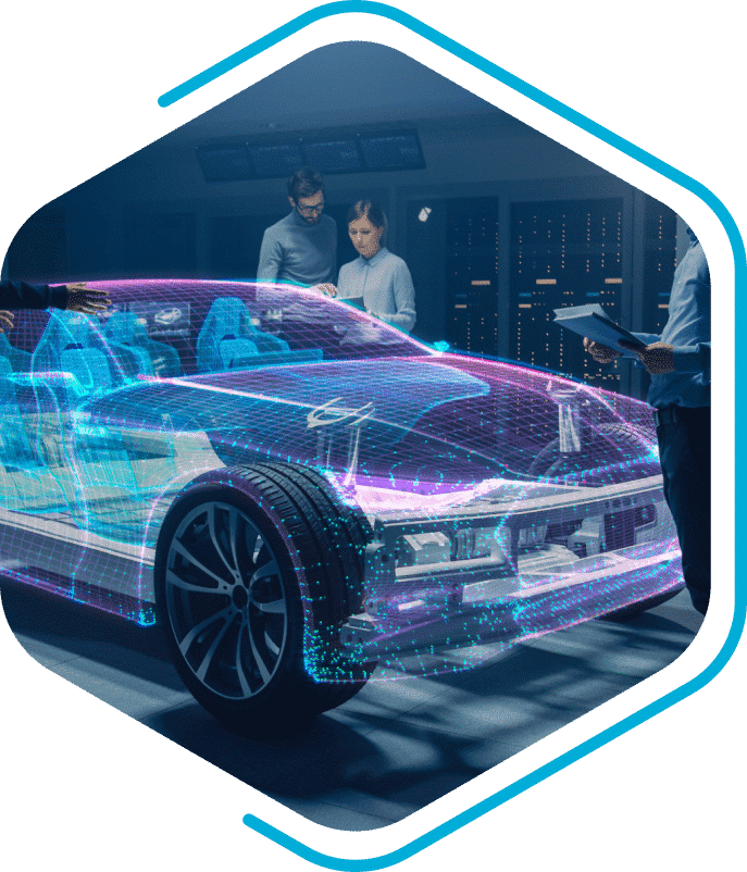Three people examine a futuristic car with a holographic digital overlay, highlighting advanced automotive technology in a high-tech lab—an innovation poised to impact both B2B and B2C markets.