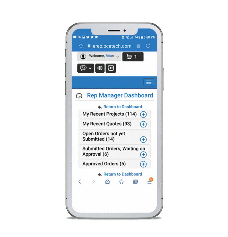 A smartphone showcases the Rep Manager Dashboard for eRep products, featuring sections for projects, quotes, open orders, submitted orders, and approved orders.