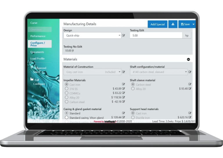 A laptop screen showcases a sophisticated manufacturing interface, highlighting SCQP parameters with options for design, materials, and testing.