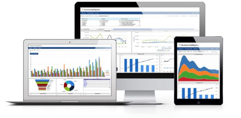 Laptops, a monitor, and a tablet display various charts and graphs from eRep products on business intelligence software interfaces.
