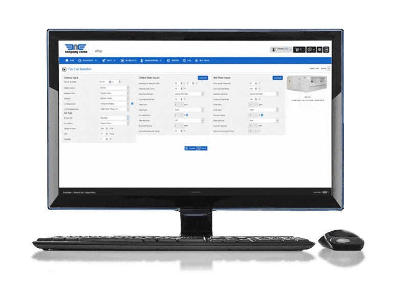 A desktop computer showcases an online tool for configuring settings using the eRep Plug-In. The screen displays various numerical input fields and options, with a keyboard and mouse positioned in front of the monitor.