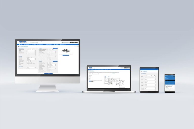A computer, laptop, tablet, and smartphone showcase the eRep Parts Sales website with forms and diagrams in a responsive design layout on a light gray background.