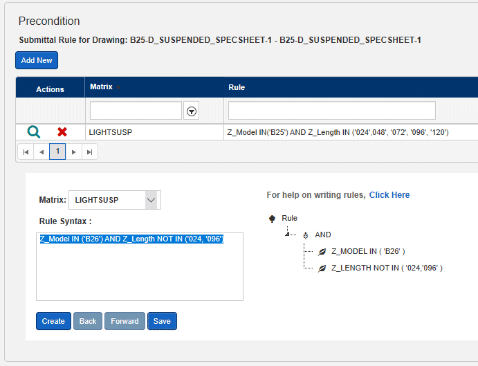Screenshot of a rule creation interface for the eRep Product Document Generator. It displays logic for a matrix, syntax examples, and options for creating, backing, and forwarding rules.