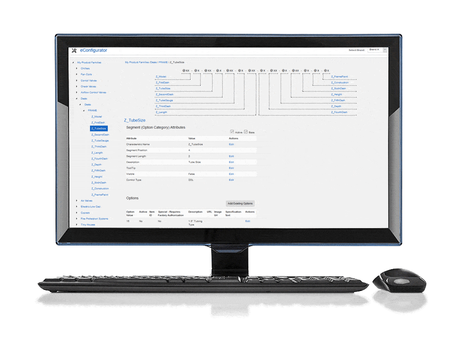 The computer monitor showcases the eRep Product Selector software interface, complete with menus and data tables. A sleek black keyboard and mouse sit ready for action in front of the screen.