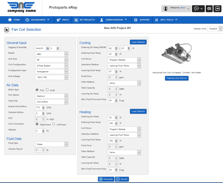 Screenshot of an eRep products fan coil selection interface, showcasing input fields and settings for cooling, heating, and fluid data. A detailed diagram of the fan coil appears on the right.