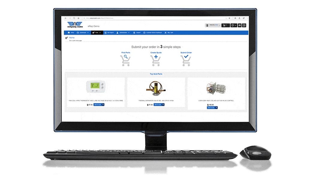 A computer screen showcases the eRep Parts Sales online ordering interface, featuring options to view, create, and submit quotes. Displayed alongside are images of a thermostat, valve, and fan motor parts. A keyboard and mouse complete this seamless experience.