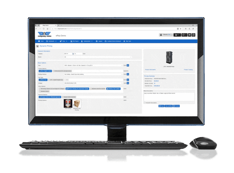 A computer monitor showcases the eRep CPQ Software, revealing a dynamic pricing page with various options and details. A keyboard and mouse lie in front, ready to assist users in navigating through the comprehensive features of this innovative tool.