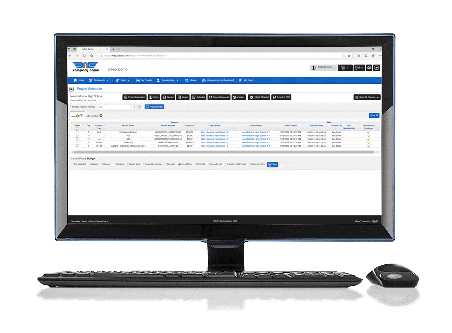 A computer monitor showcases the eRep Product Selector alongside a project schedule interface, with a keyboard and mouse resting on a pristine white surface.