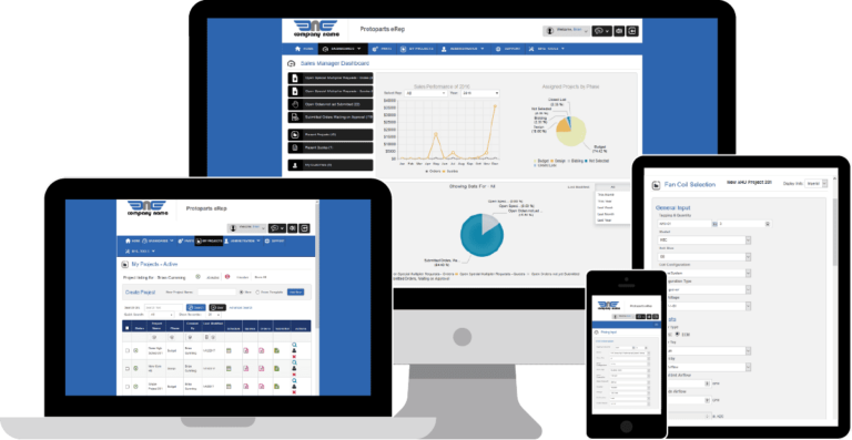 A variety of devices, showcasing eRep products, display a sales management dashboard with charts and data tables on a computer monitor, laptop, tablet, and smartphone.
