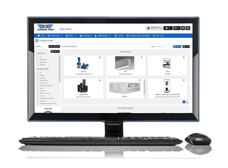 A computer monitor showcases an e-commerce website interface featuring product listings of industrial equipment and tools, seamlessly integrated with eRep CPQ Software. A keyboard and mouse rest in front, completing the setup.