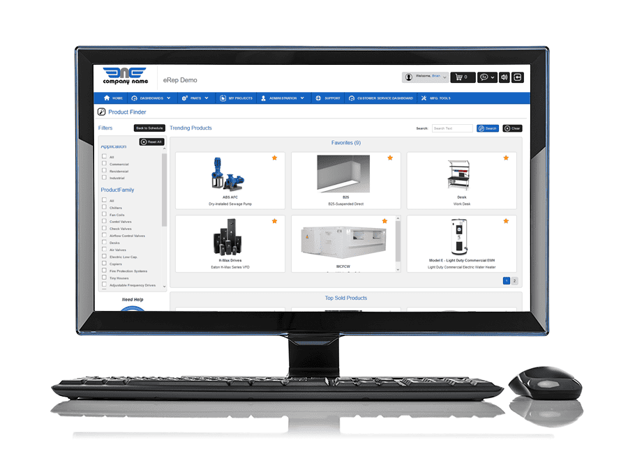 A computer monitor featuring the eRep Product Selector showcases an e-commerce interface with product images, filters, and categories. A keyboard and mouse rest in front, ready for seamless navigation.
