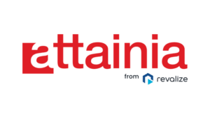 Das Bild zeigt das Attainia-Logo in roter Schrift mit einer kleinen blauen stilisierten Pfeilspitze, die die Essenz von PLAN-IT Medical Equipment Planning verkörpert.