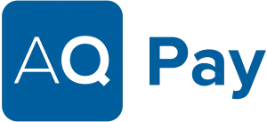 Blue AQ Pay logo with stylized letters, seamlessly incorporating elements from AQ CPQ for a cohesive brand identity.