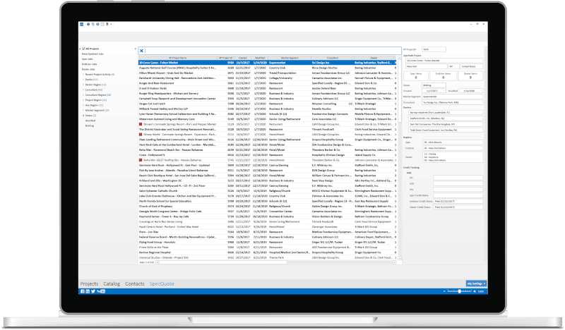 A laptop screen reveals a detailed software interface, showcasing a data table with various columns and a side menu designed for foodservice equipment reps.