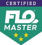 Green and purple logo featuring Certified FLO Master text with three yellow stars below, celebrating completion of the Pipe-Flo course.