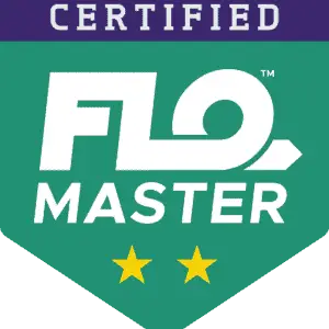 Certified FLO Master badge with two yellow stars on a green shield background.