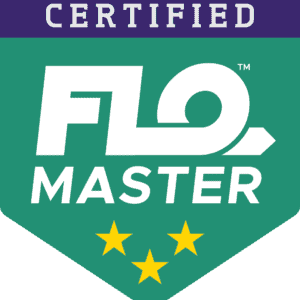Logo featuring the text Certified FLO Master with three gold stars below on a green background.