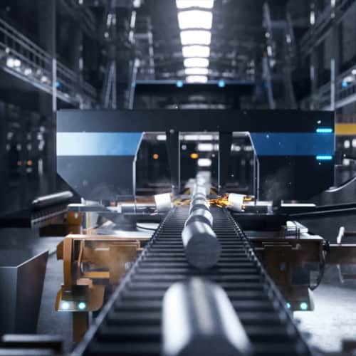Steel pipes on an assembly line