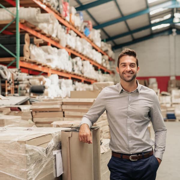 Man leaning on boxes in a warehouse