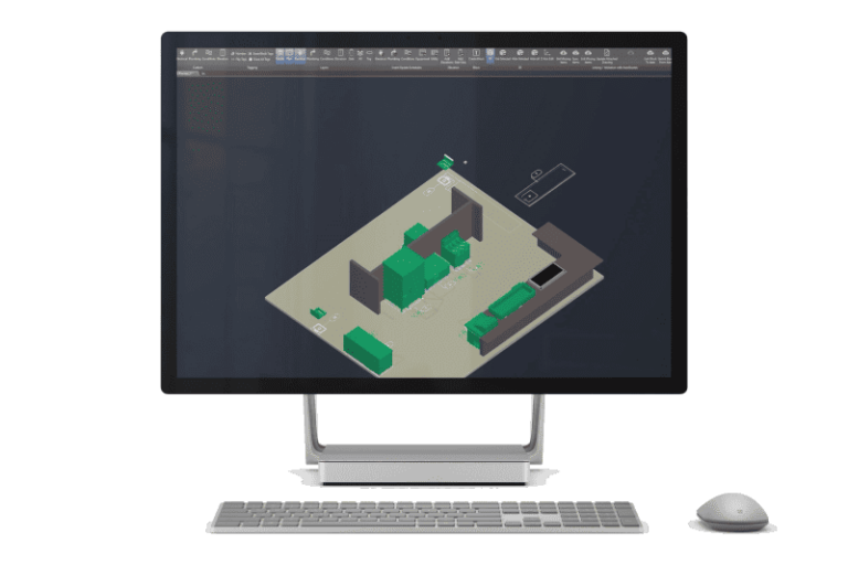 A computer display shows a 3D model in design software, crucial for foodservice equipment reps. A wireless keyboard and mouse rest in front of the monitor, ready for seamless interaction.