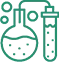 Green icon of a laboratory flask with liquid on the left and documents with graphs on the right, symbolizing scientific research or analysis, enhanced by the precision of fluid simulation software.