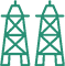 Illustration of two green electricity transmission towers with crisscrossing lines and pole supports, resembling a design generated by fluid simulation software.