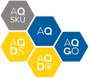 Hexagonal pattern with five colored cells: gray AQ SKU, blue AQ, blue AQ GO, yellow AQ DS, and yellow AQ DC—ideal for streamlining commercial kitchen design with a touch of colorful organization.