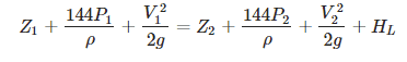 Equation featuring hydraulic head terms: Z1 + 144P1/ρ + V1²/2g = Z2 + 144P2/ρ + V2²/2g + HL, crucial for evaluating Net Positive Suction Head in pump systems.