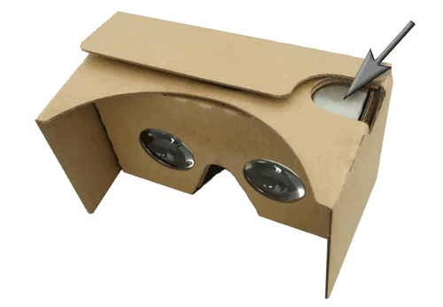 Experience immersive adventures with this innovative cardboard VR design viewer, featuring dual lenses and an arrow guiding you to endless possibilities.