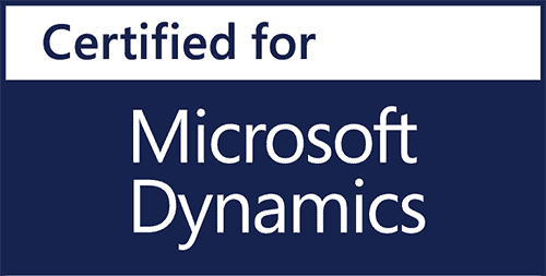 Badge with text: Certified for Microsoft Dynamics on a dark blue background, highlighting our collaboration with Axonom partners.