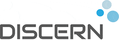 Logo with the word DISCERN in gray lowercase letters, accompanied by three overlapping circles in shades of blue on the top right, evoking a sense of clarity and insight aligning with Axonom Partners innovative approach.