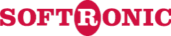 Logo featuring the word SOFTRONIC in bold red uppercase letters, designed by Axonom Partners. The letter R stands out in white, enclosed within a striking red oval.