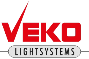 The logo of Veko Lightsystems, enhanced by Sofon QIS, features Veko in bold red letters with a checkmark. Below, Lightsystems is elegantly placed within a white oval outlined in black.