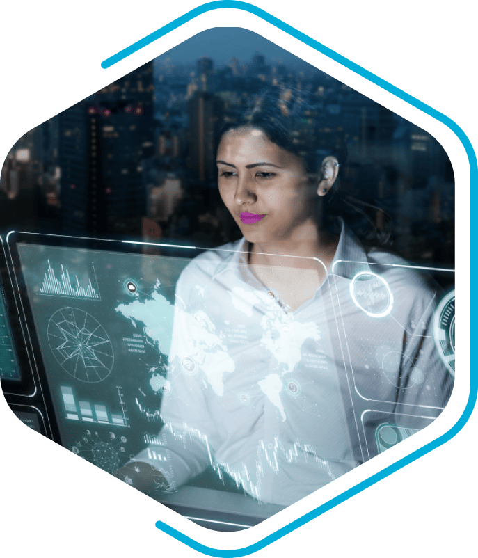 A person looks at a transparent screen displaying global data visualizations, including maps and graphs. Cityscape visible in the background.