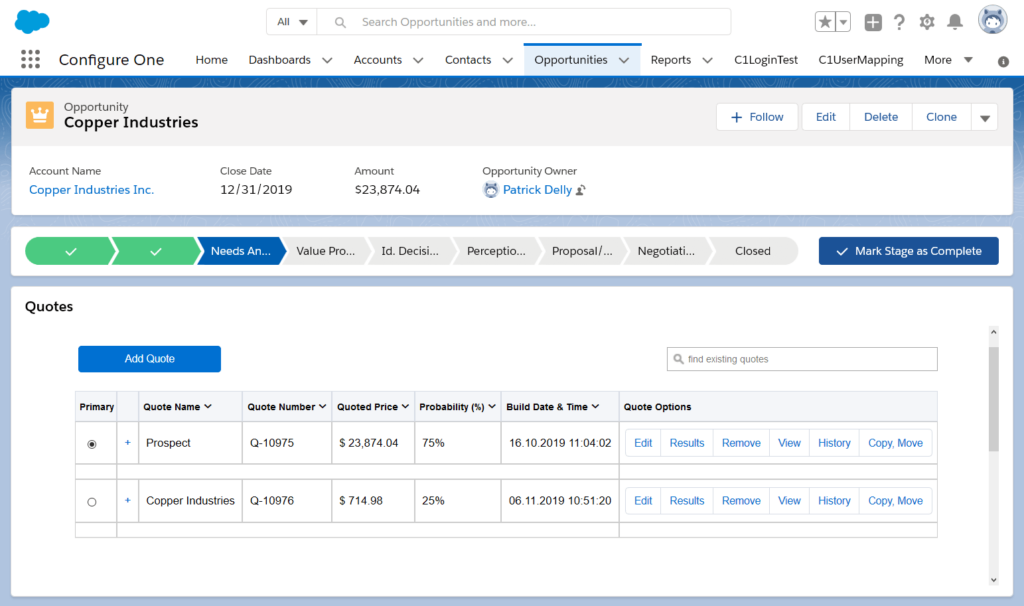 Screenshot of a business software interface featuring the opportunity Copper Industries, highlighting the close date and amount. The display includes a CPQ-integrated table with quotes and their specific details.