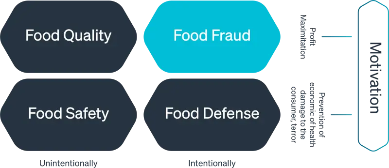 Ein Diagramm, das die Komponenten Lebensmittelqualität, Lebensmittelsicherheit und Lebensmittelverteidigung darstellt, wobei Lebensmittelbetrug in Blau hervorgehoben ist, unterstreicht seine entscheidende Rolle in diesem System.