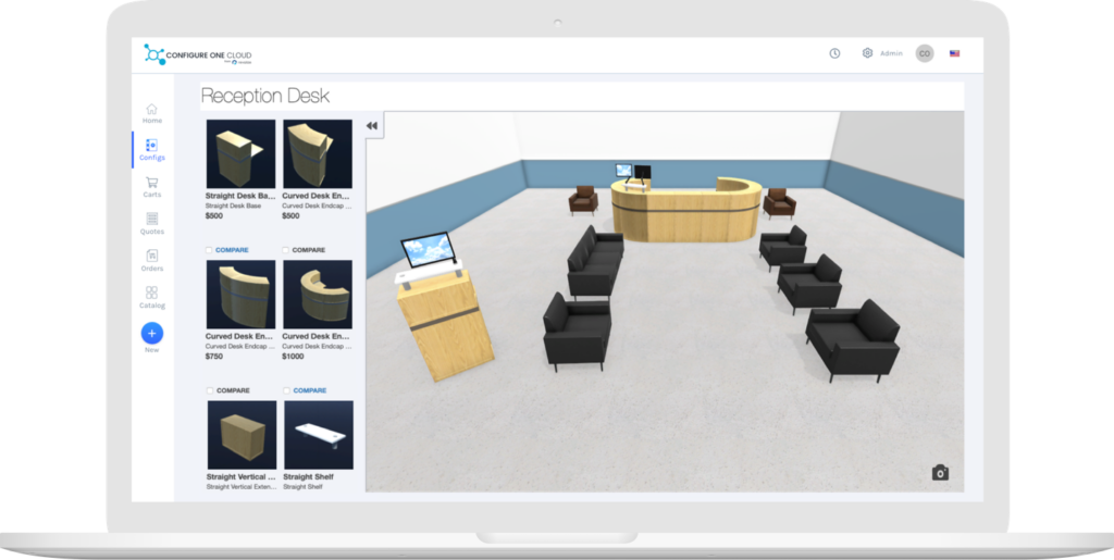 Auf dem Computerbildschirm entfaltet sich ein 3D-Büromöbellayout mit einem Empfangstresen und Stühlen sowie einer Seitenleiste mit Produktoptionen und Preisen. Die Einrichtung integriert nahtlos Configure One Clouds Quarterly Highlights v1.1 für nahtlose Updates.