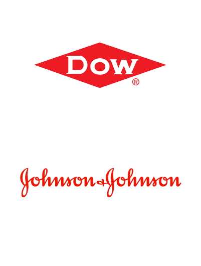 Red Dow logo above the red Johnson & Johnson logo on a white background, symbolizing their fluid intelligence in navigating dynamic market landscapes.