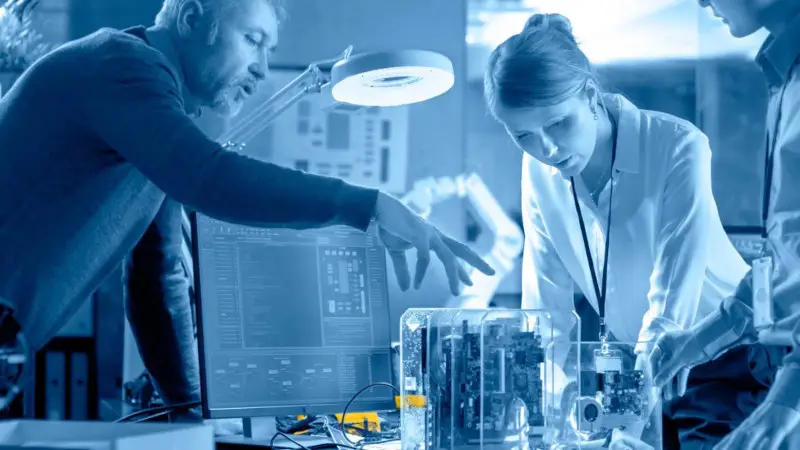 Menschen, die ein mit PLM-Software erstelltes Modell betrachten