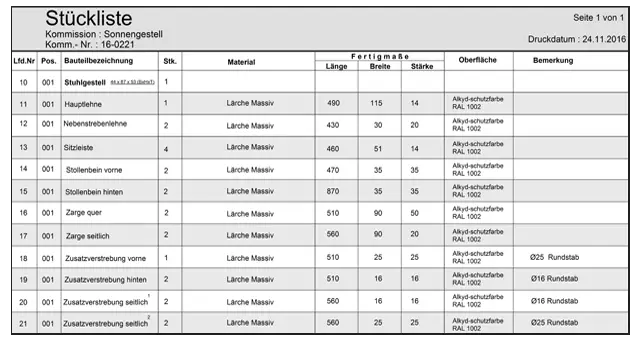 A Spreadsheet created using 2D CAD software displays a parts list for the Sonnengestell project, featuring columns for item details, dimensions, material, surface, and remarks. Dated 24.11.2016.
