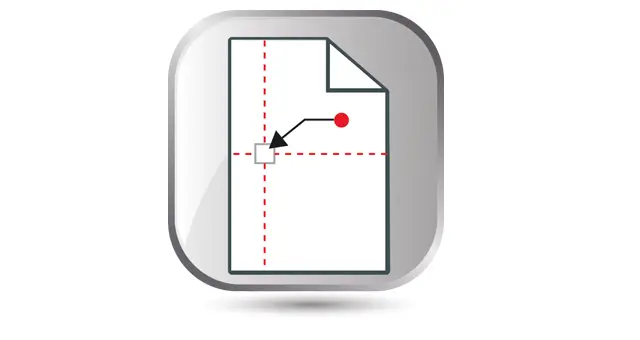 Icon depicting a sheet in 2D CAD software, with red dashed lines, a corner folded, and an arrow pointing to a red dot.