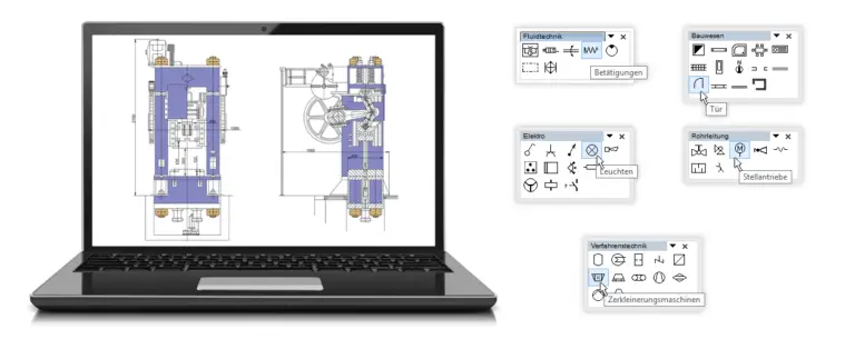 A laptop showcases a technical engineering diagram using 2D CAD software, with pop-up boxes displaying various symbols related to fluids, construction, electronics, and more.