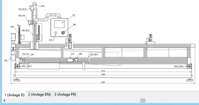 Detailed technical diagram of a machine assembly, meticulously crafted using 2D CAD software, featuring comprehensive labeling of parts, precise measurements, and insightful annotations.