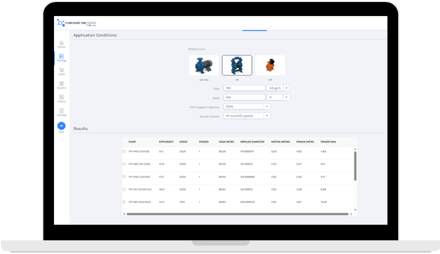 A laptop screen displays the Configure One Cloud 2.2.0 application interface for selecting and comparing different pump models based on various input conditions, with results shown in a table.