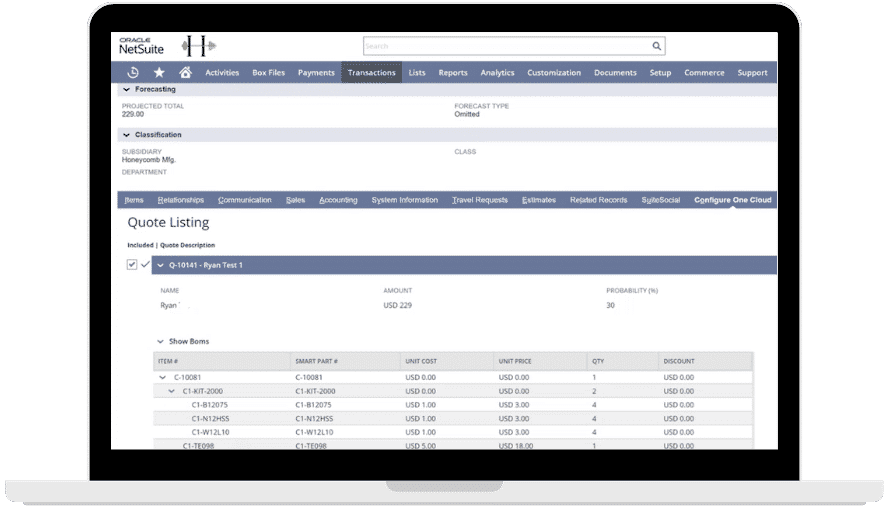 A laptop screen displaying the Oracle NetSuite interface focused on a Quote Listing page with itemized product details and pricing information, seamlessly integrated with Configure One Cloud 2.2.0.