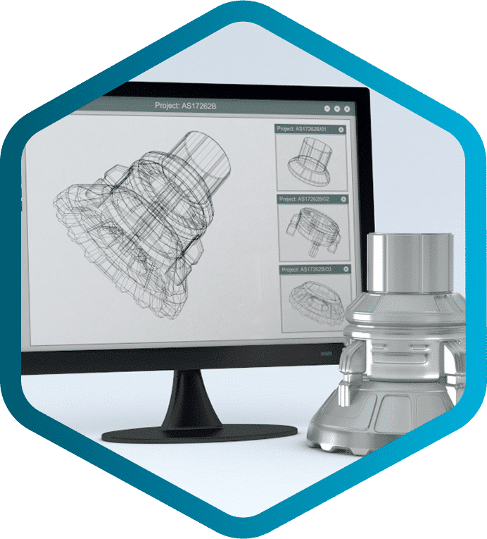 A computer monitor displays a 3D wireframe model, with a physical metallic 3D-printed object on the desk—showcasing how CPQ software (Configure, Price, Quote) streamlines product customization and answers What does CPQ stand for? in modern design.
